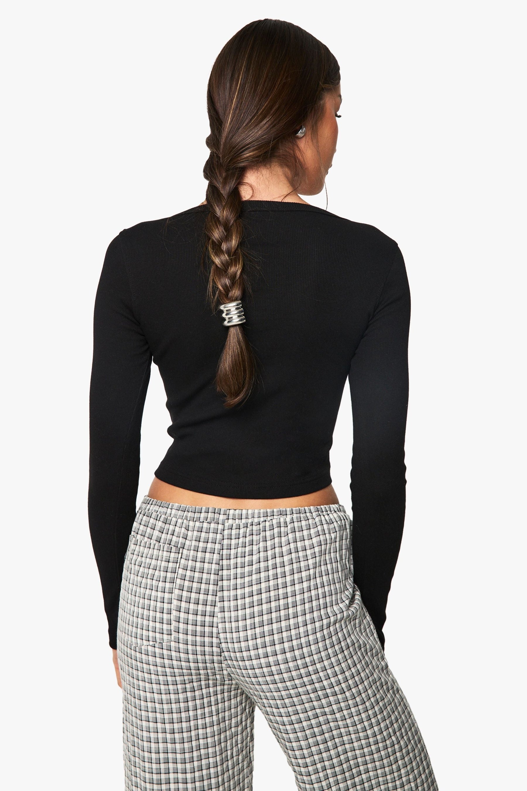 Rib Asymetric Neckline Long Sleeve Top