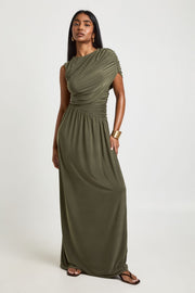 Double Layer Slinky Sleeveless Ruched Body Maxi Dress