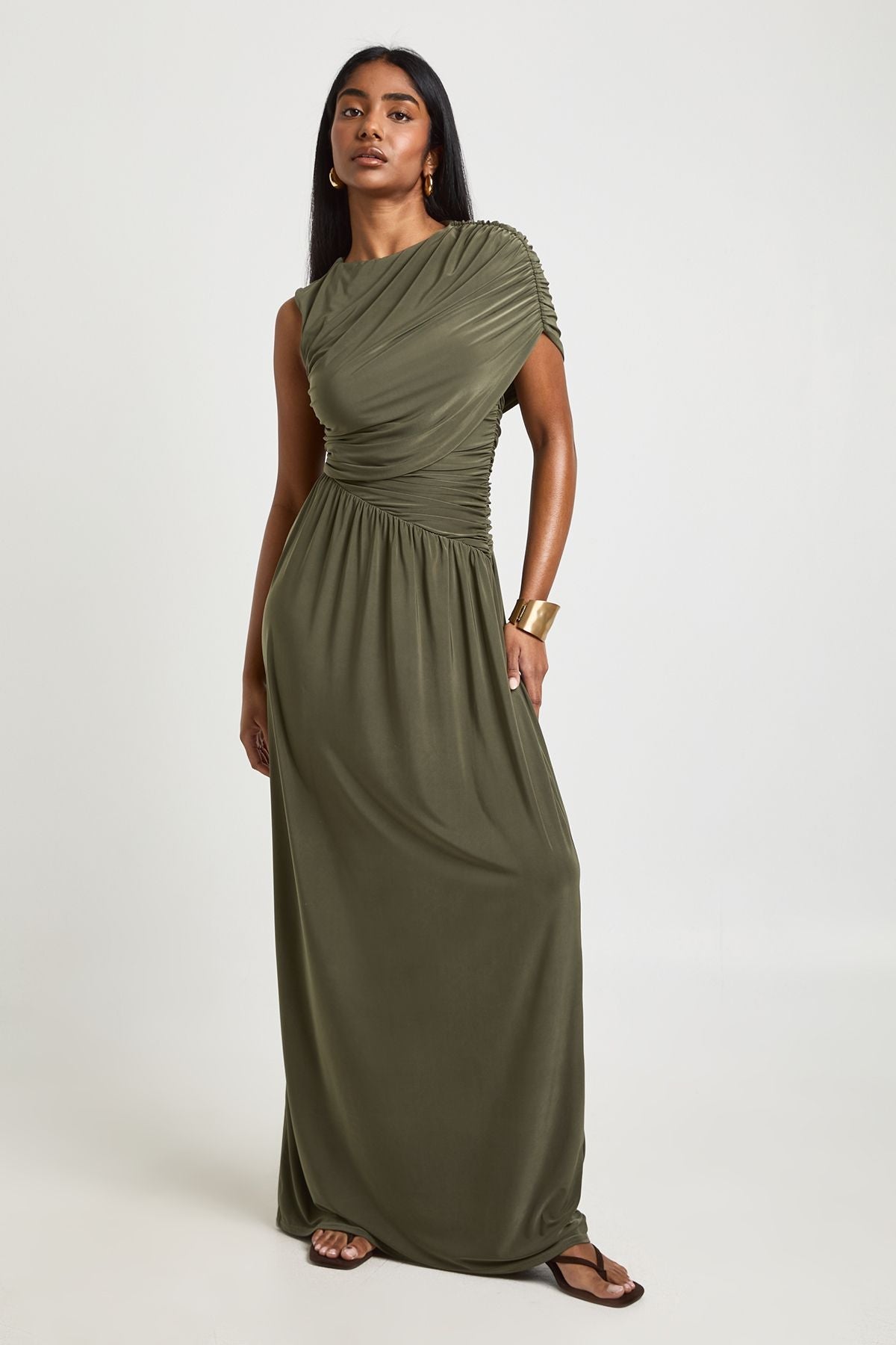 Double Layer Slinky Sleeveless Ruched Body Maxi Dress