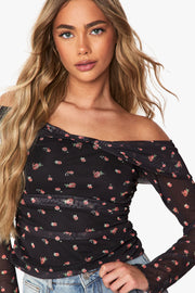 Printed Mesh Bardot Ruched Top
