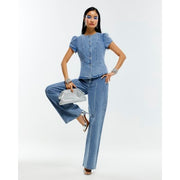 Blue Washed Bling Button Denim Top