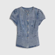 Blue Washed Bling Button Denim Top