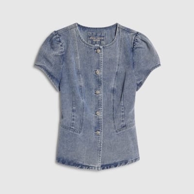 Blue Washed Bling Button Denim Top