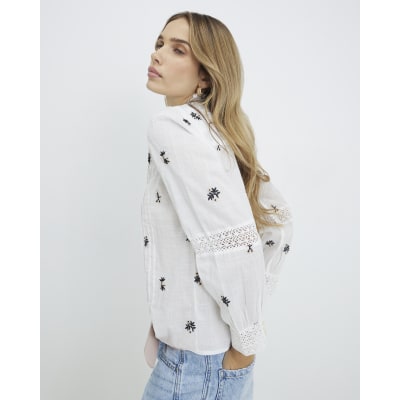White Floral Embroidered Shirt