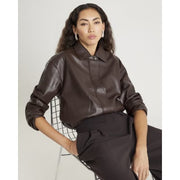 Brown Faux Leather Collared Bomber Jacket