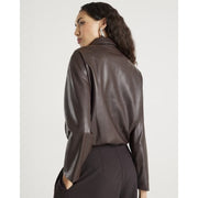 Brown Faux Leather Collared Bomber Jacket
