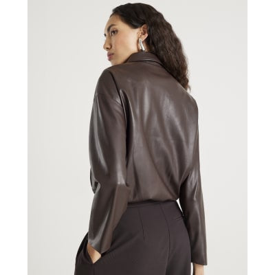 Brown Faux Leather Collared Bomber Jacket