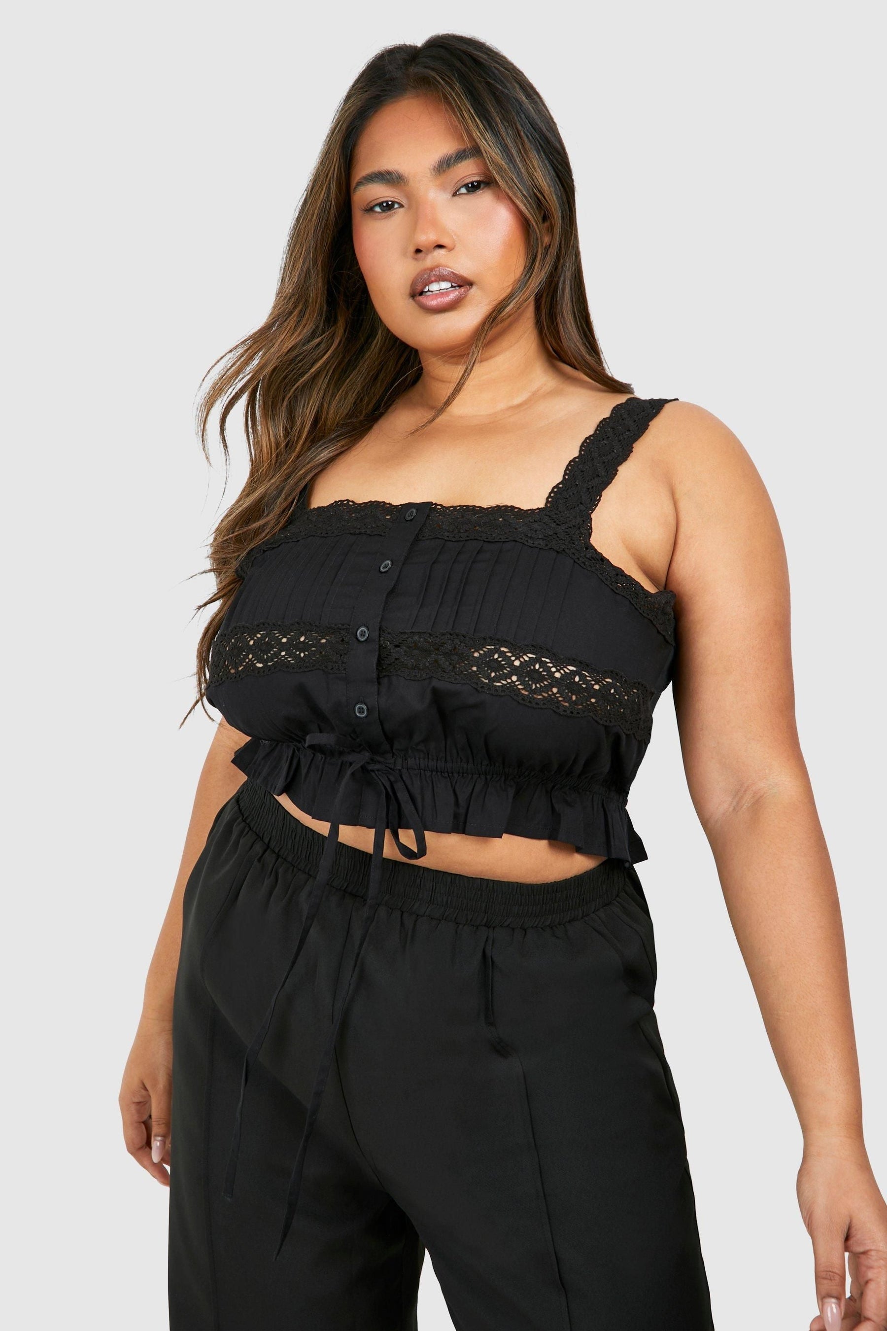 Plus Cotton Lace Detail Strappy Crop Top