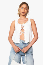 Slinky Lace Trim Tie Front Milmaid Top
