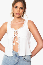 Slinky Lace Trim Tie Front Milmaid Top