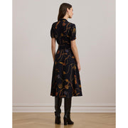 Print Belted Georgette Puff-Sleeve Dress