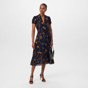 Print Belted Georgette Puff-Sleeve Dress