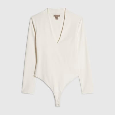 White Plunge Neckline Long Sleeve Bodysuit