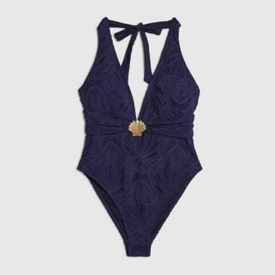 Navy Textured Shell Trim Swimsuit