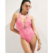 Pink Texture Shell Trim Swimsuit