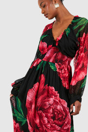 Tall Floral Print Dobby Shirred Maxi Dress