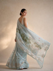 Celestial Mist Organza Saree With Botanical Gold Foil Detailing