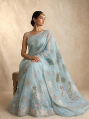 Celestial Mist Organza Saree With Botanical Gold Foil Detailing
