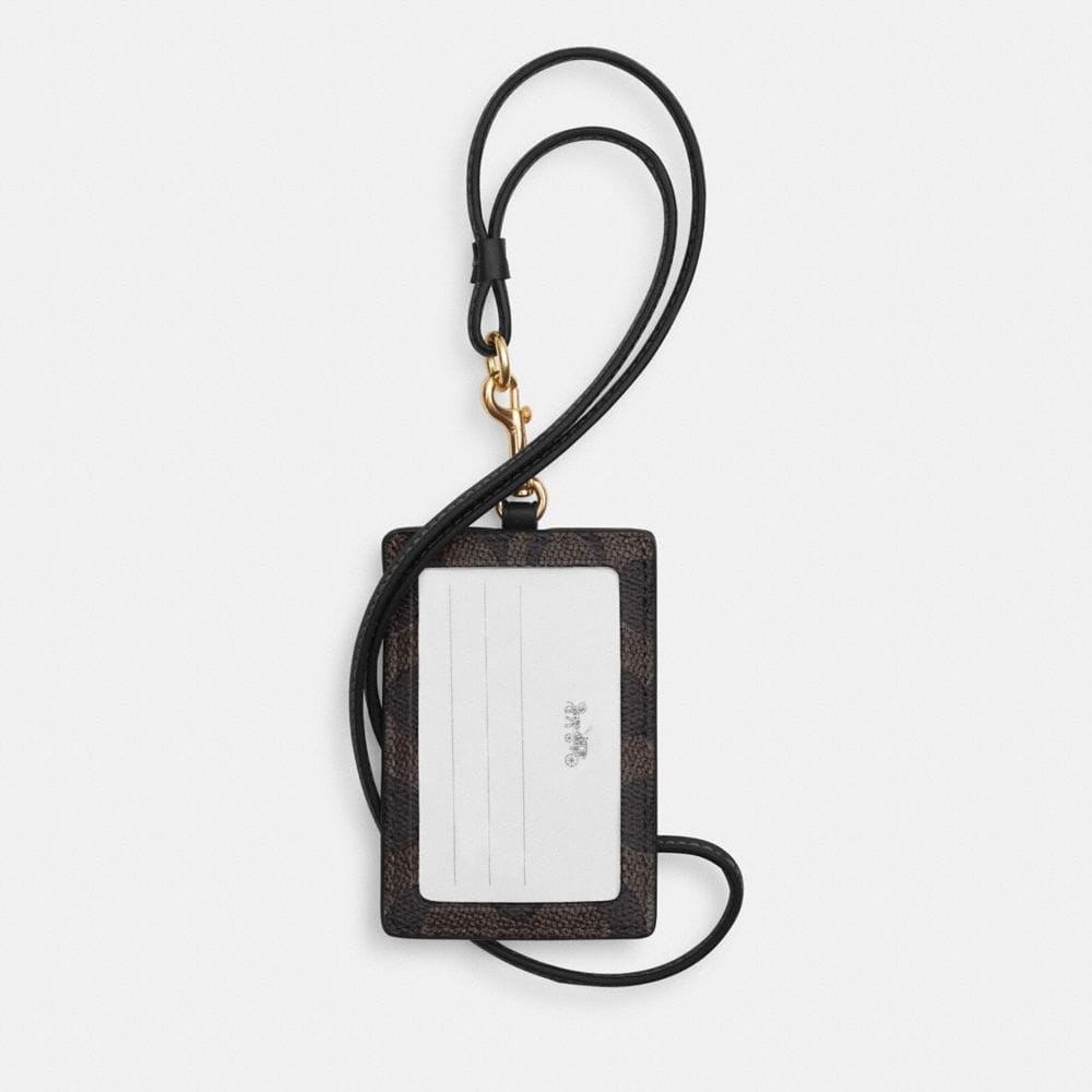 Coach Id Lanyard In Signaure Canvas Gold Walnut Black