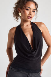 Double Layer Slinky Cowl Neck Lace Trim Top