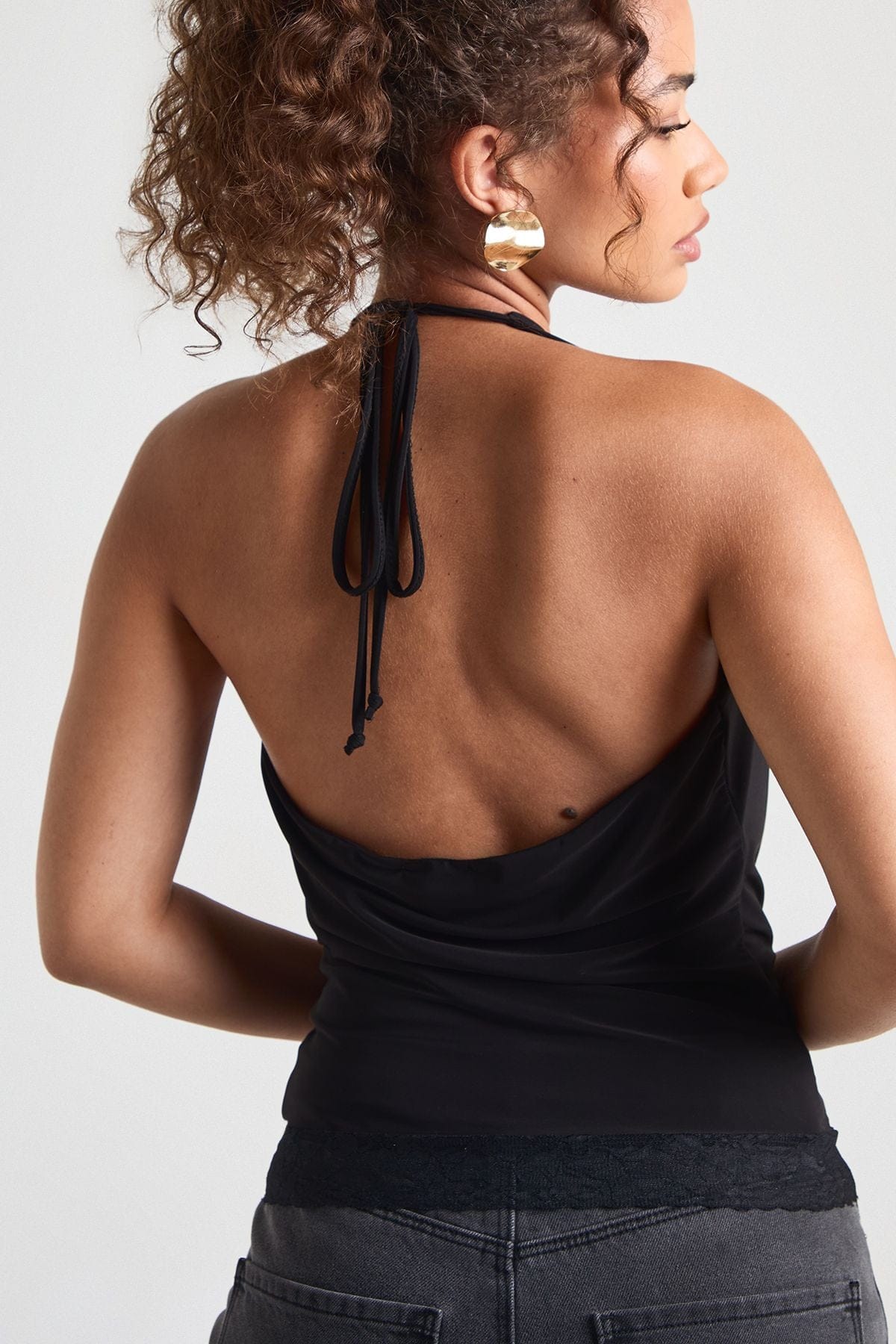 Double Layer Slinky Cowl Neck Lace Trim Top