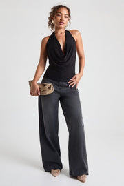Double Layer Slinky Cowl Neck Lace Trim Top