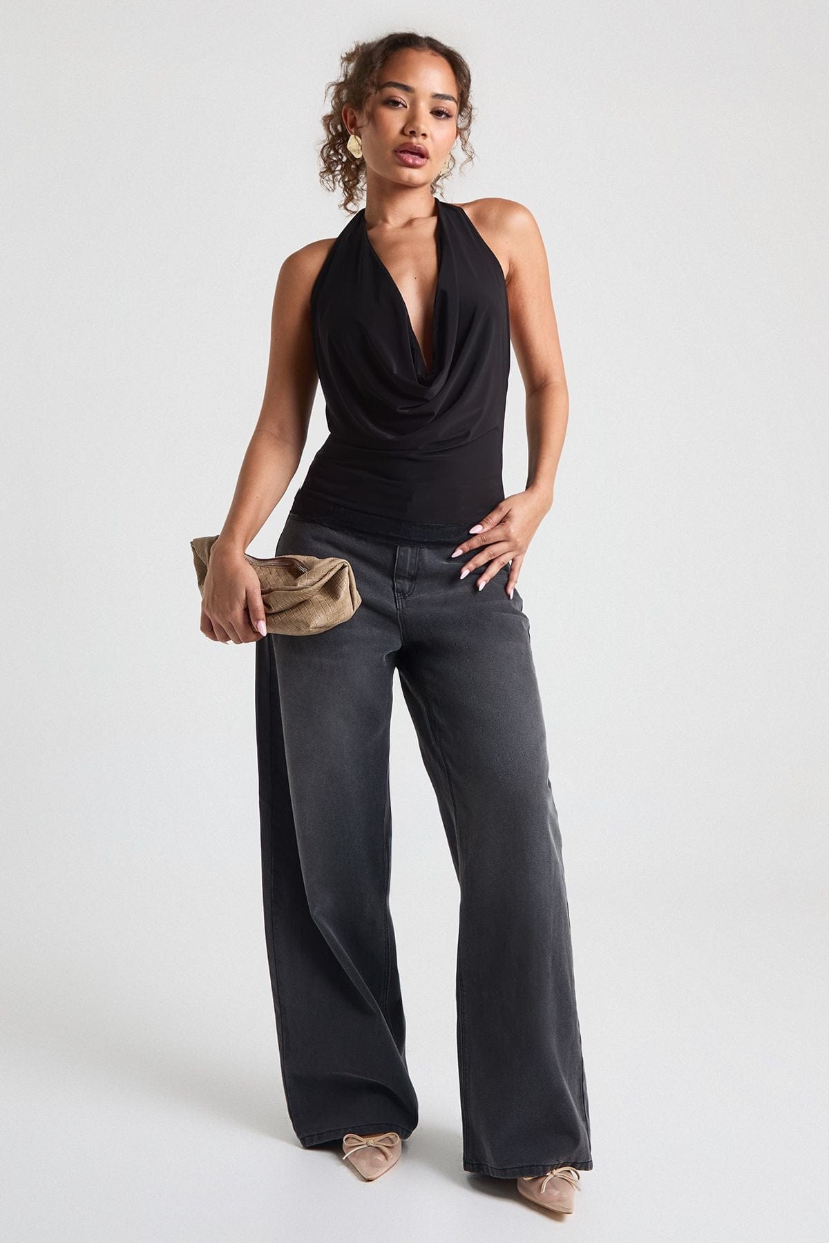 Double Layer Slinky Cowl Neck Lace Trim Top