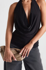 Double Layer Slinky Cowl Neck Lace Trim Top