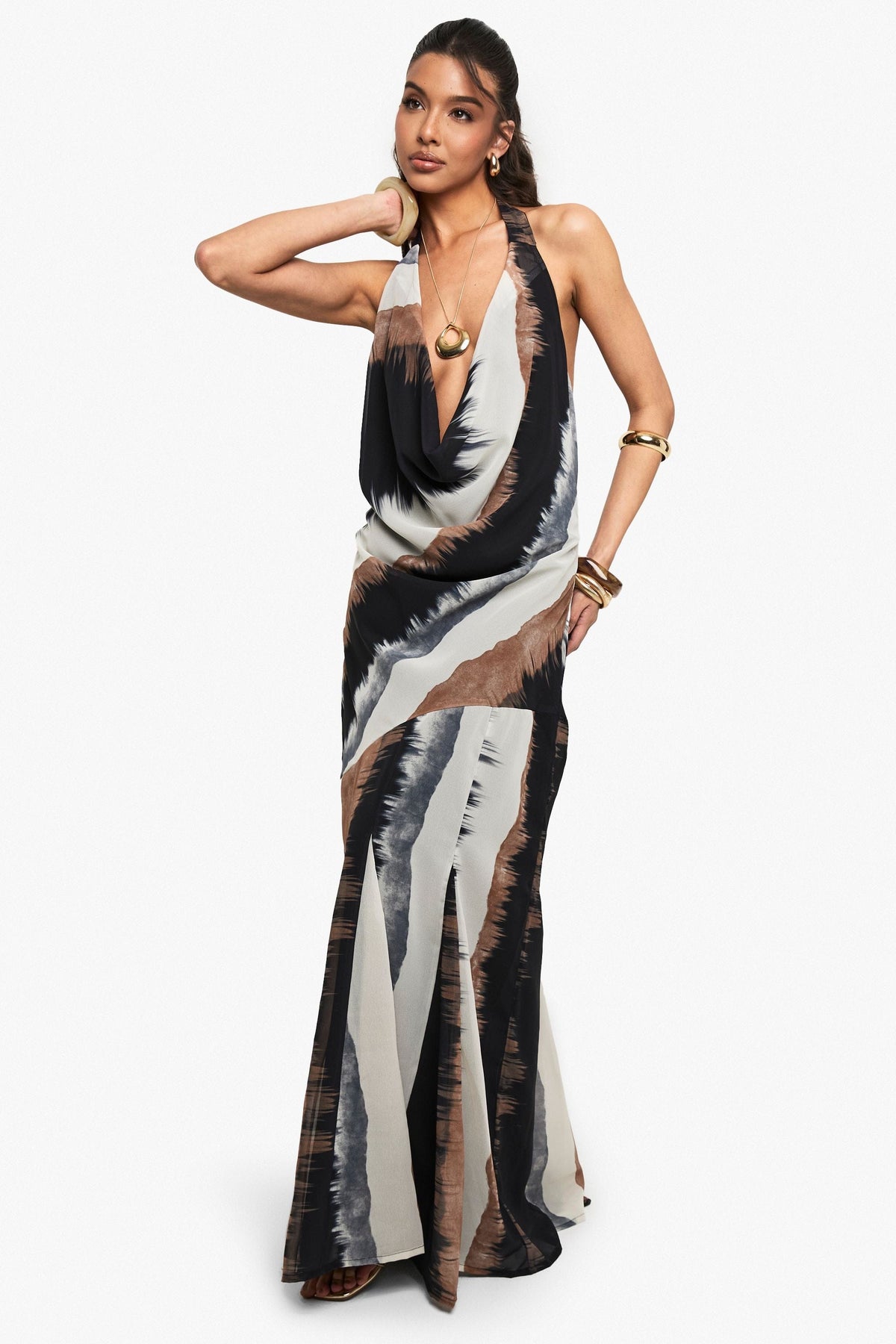 Chiffon Abstract Halter neck Cowl Maxi Dress