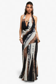 Chiffon Abstract Halter neck Cowl Maxi Dress