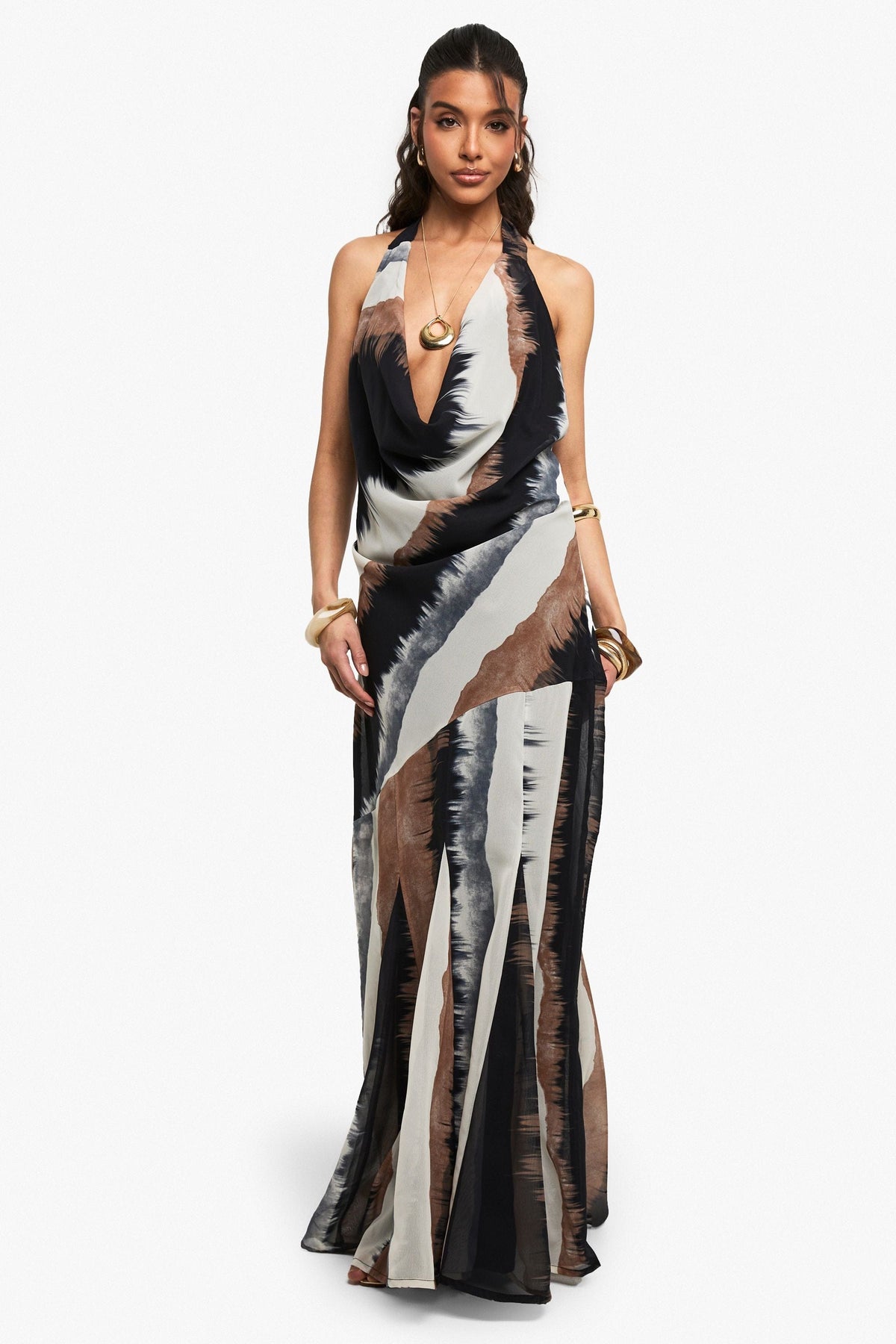 Chiffon Abstract Halter neck Cowl Maxi Dress