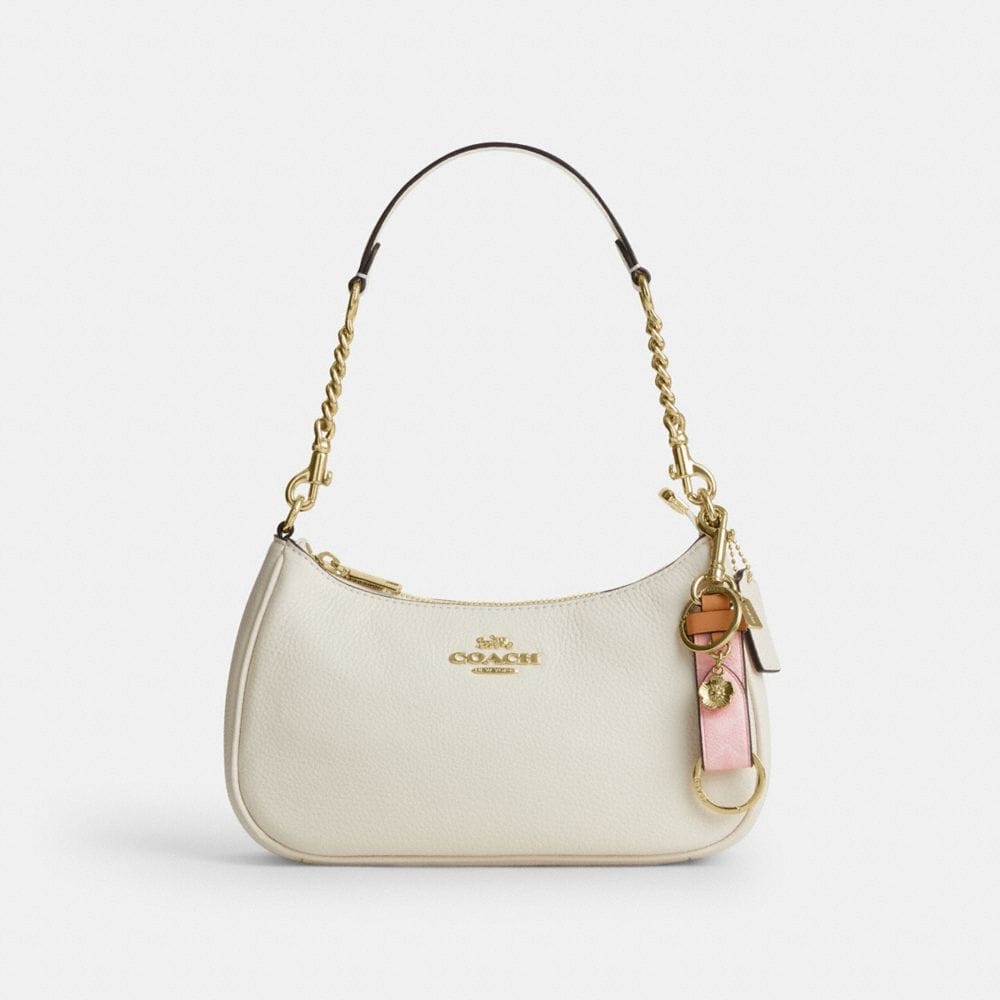 Coach Trigger Snap Bag Charm In Signature Canvas With Heart Charm Gold Powder Pink