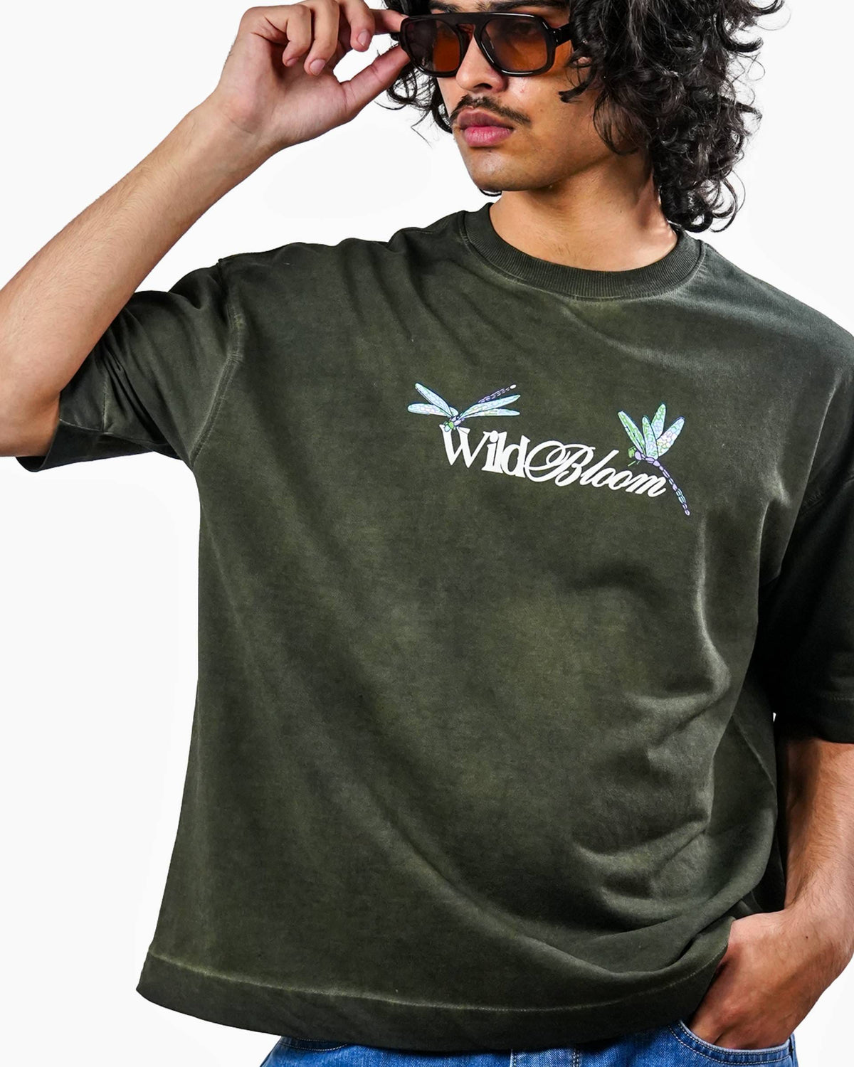 Wild Bloom Tee - Olive Washed Oversized T-shirt