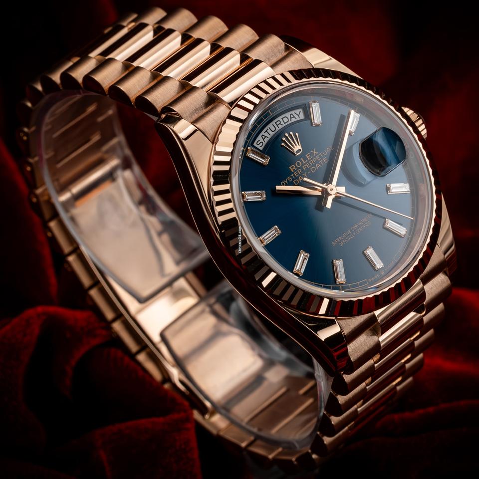 Rolex | Day-Date | 128235 | Rose gold | 36 mm | Rose gold | Blue | Automatic