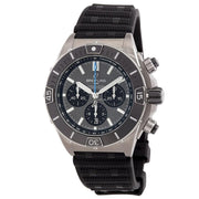Breitling Chronomat Super Chronomat B01 44 Grey Dial Black Rubber Strap EB0136251 M1 S1 1/4th second chronograph 30-minute and 12-hour totalizers.
