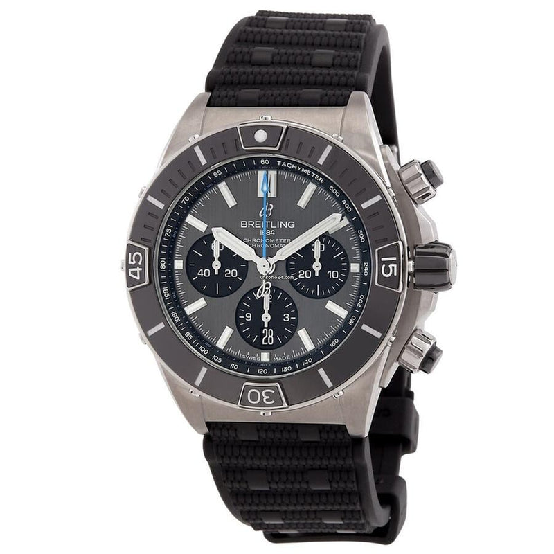 Breitling Chronomat Super Chronomat B01 44 Grey Dial Black Rubber Strap EB0136251 M1 S1 1/4th second chronograph 30-minute and 12-hour totalizers.