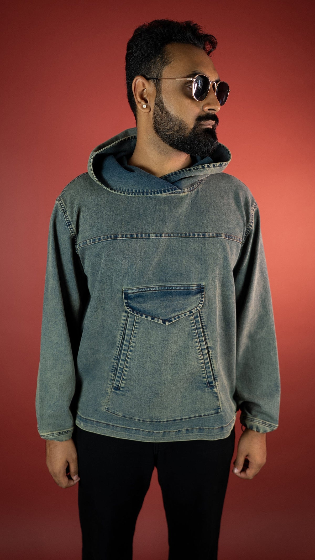 ACID WASH DENIM MEN'S HOODIE