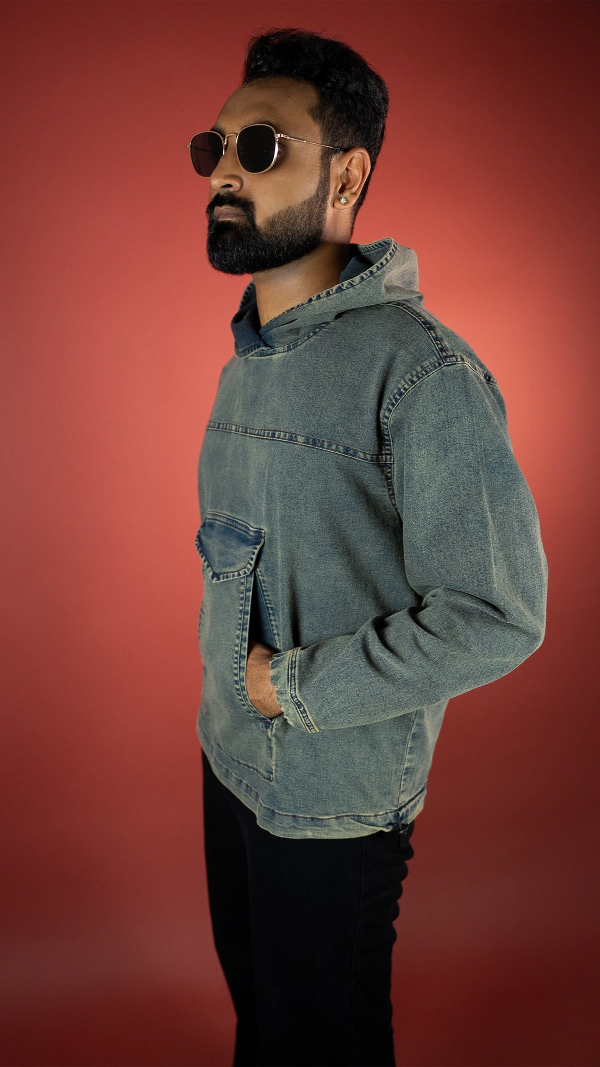 ACID WASH DENIM MEN'S HOODIE