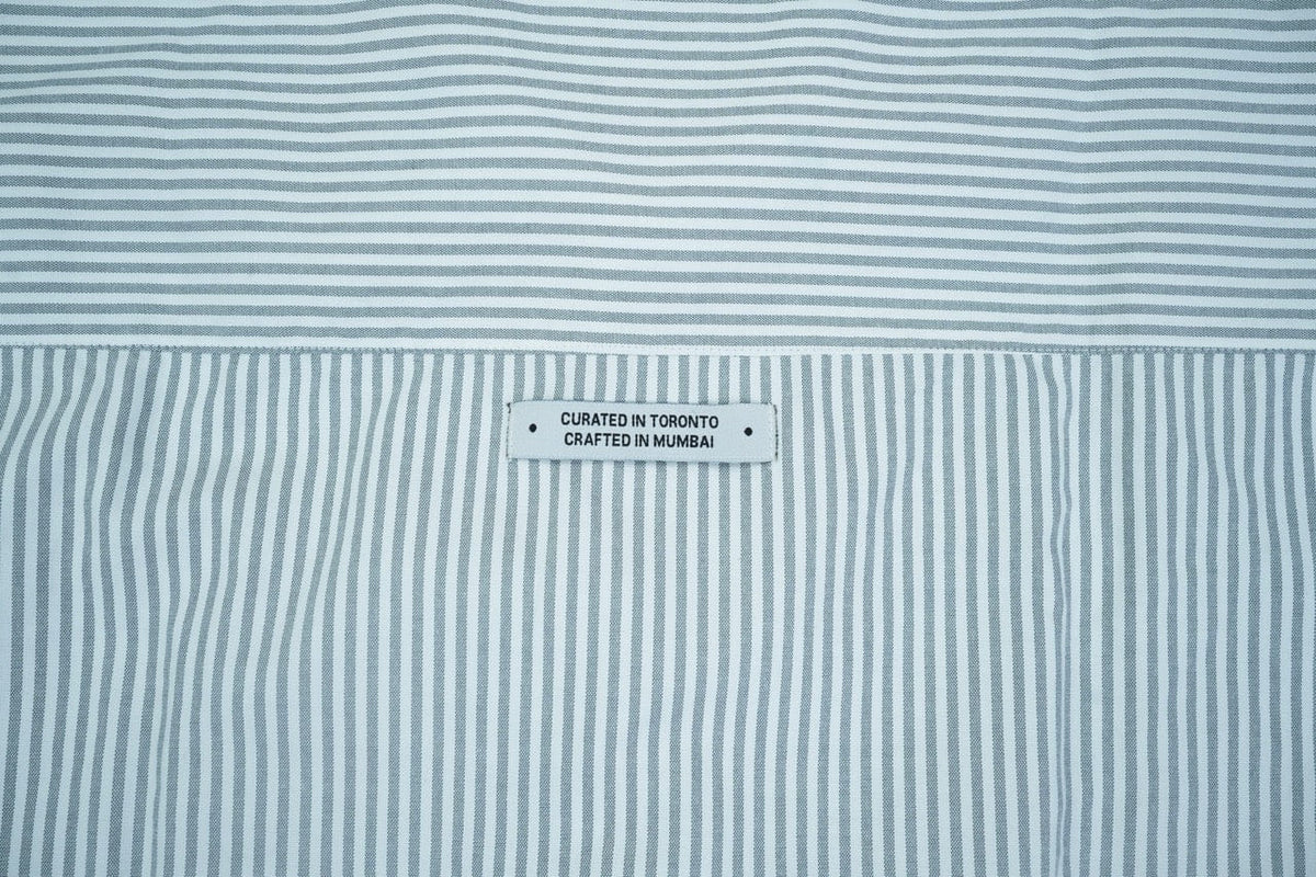 THE CRIMSON CRANE SHIRT in gray stripes