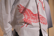 THE CRIMSON CRANE SHIRT in gray stripes