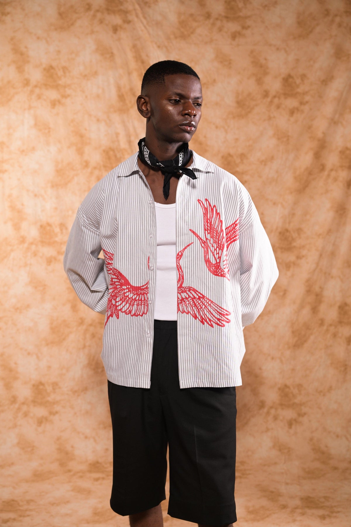 THE CRIMSON CRANE SHIRT in gray stripes