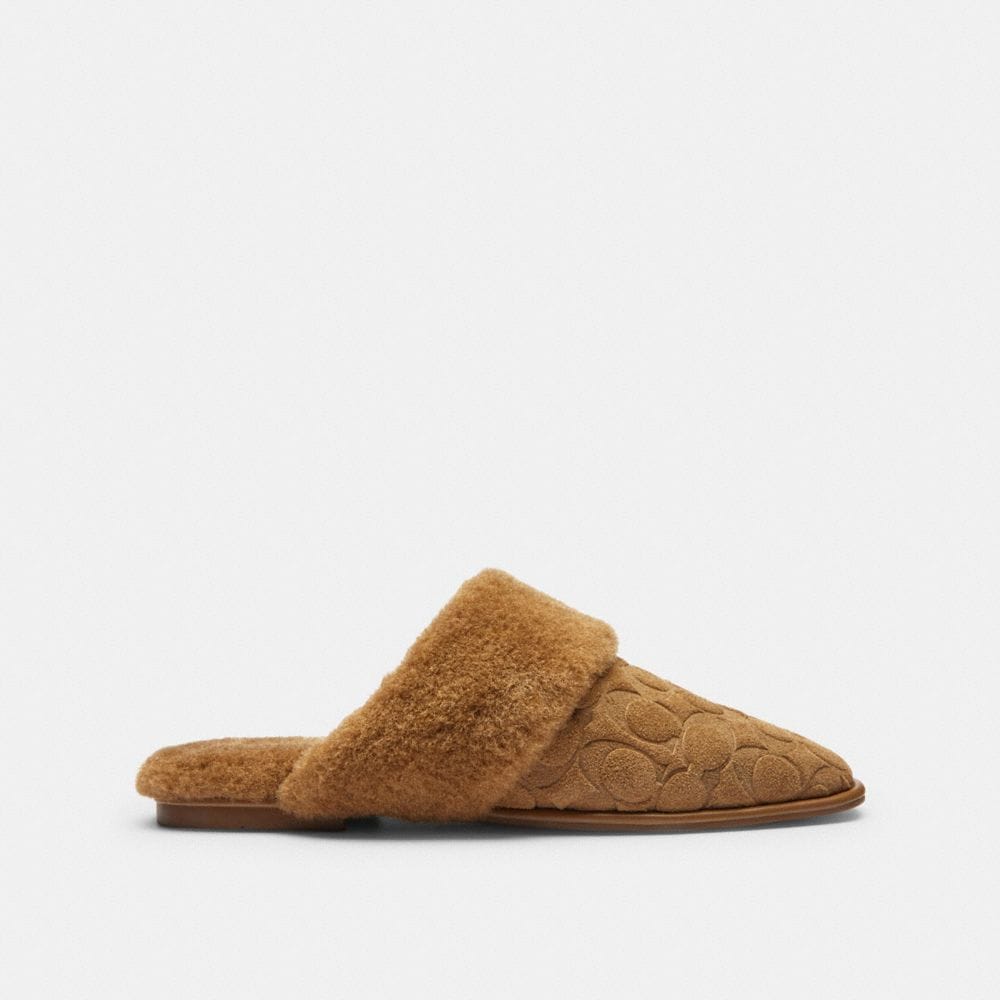 Women's Coach Sherpa Flat Mule In Signature Suede Tobacco