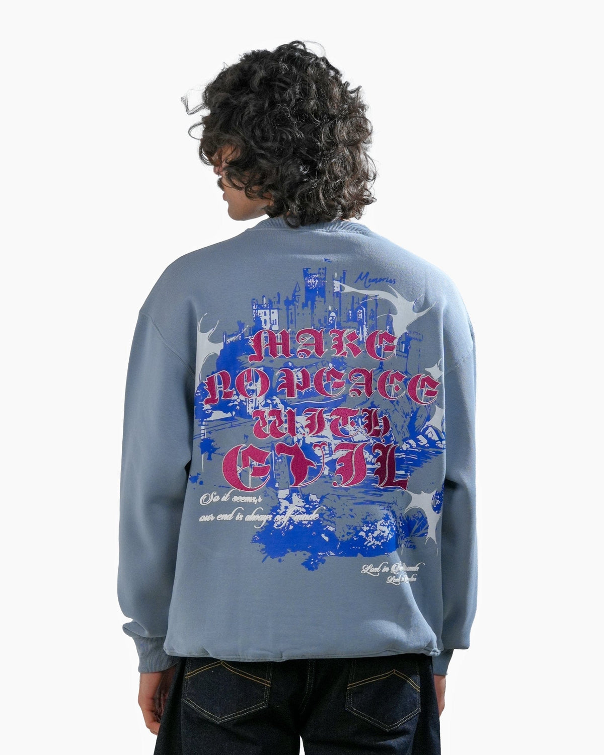 No Peace With Evil - Blue Oversized Embroidered Sweatshirt