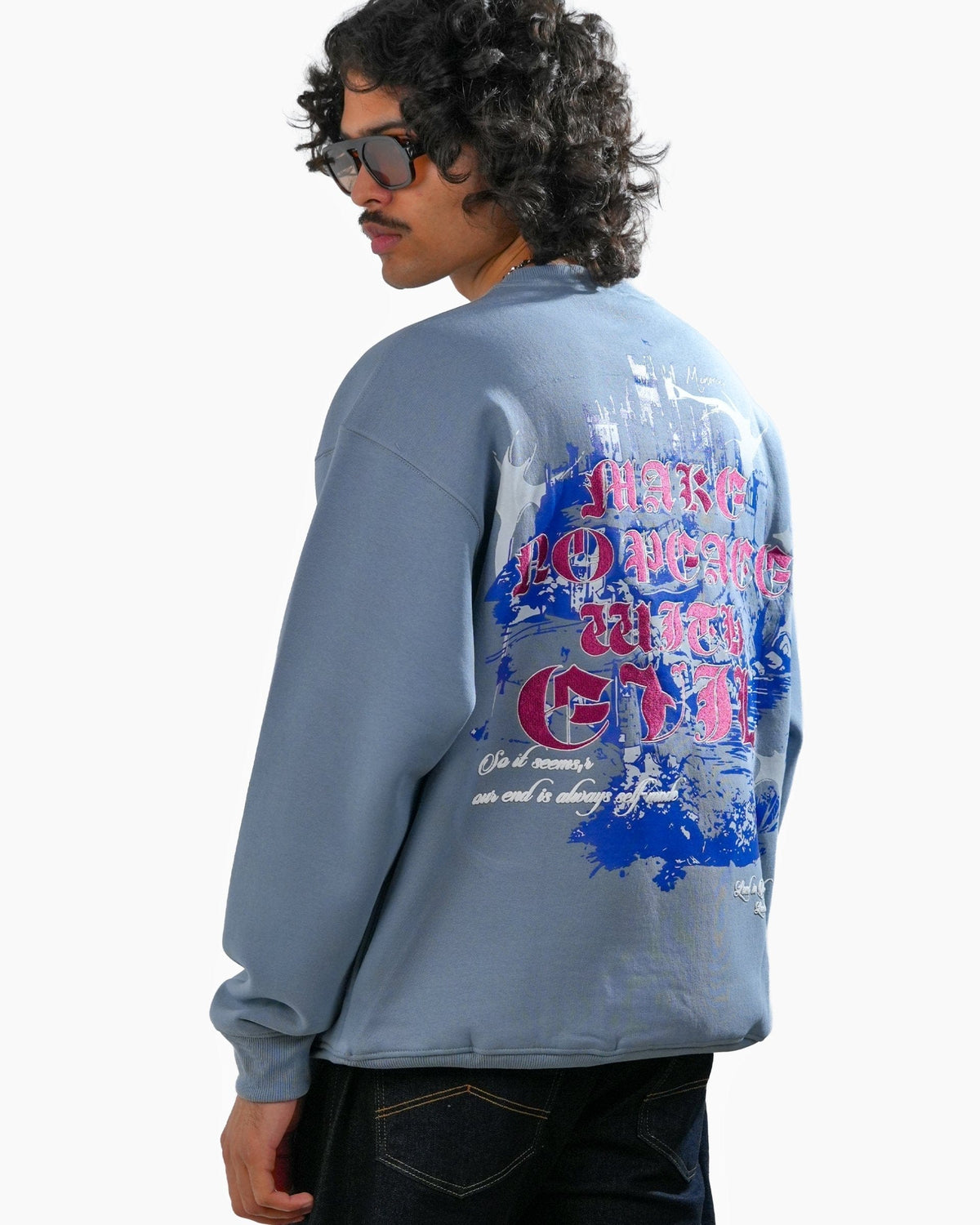 No Peace With Evil - Blue Oversized Embroidered Sweatshirt