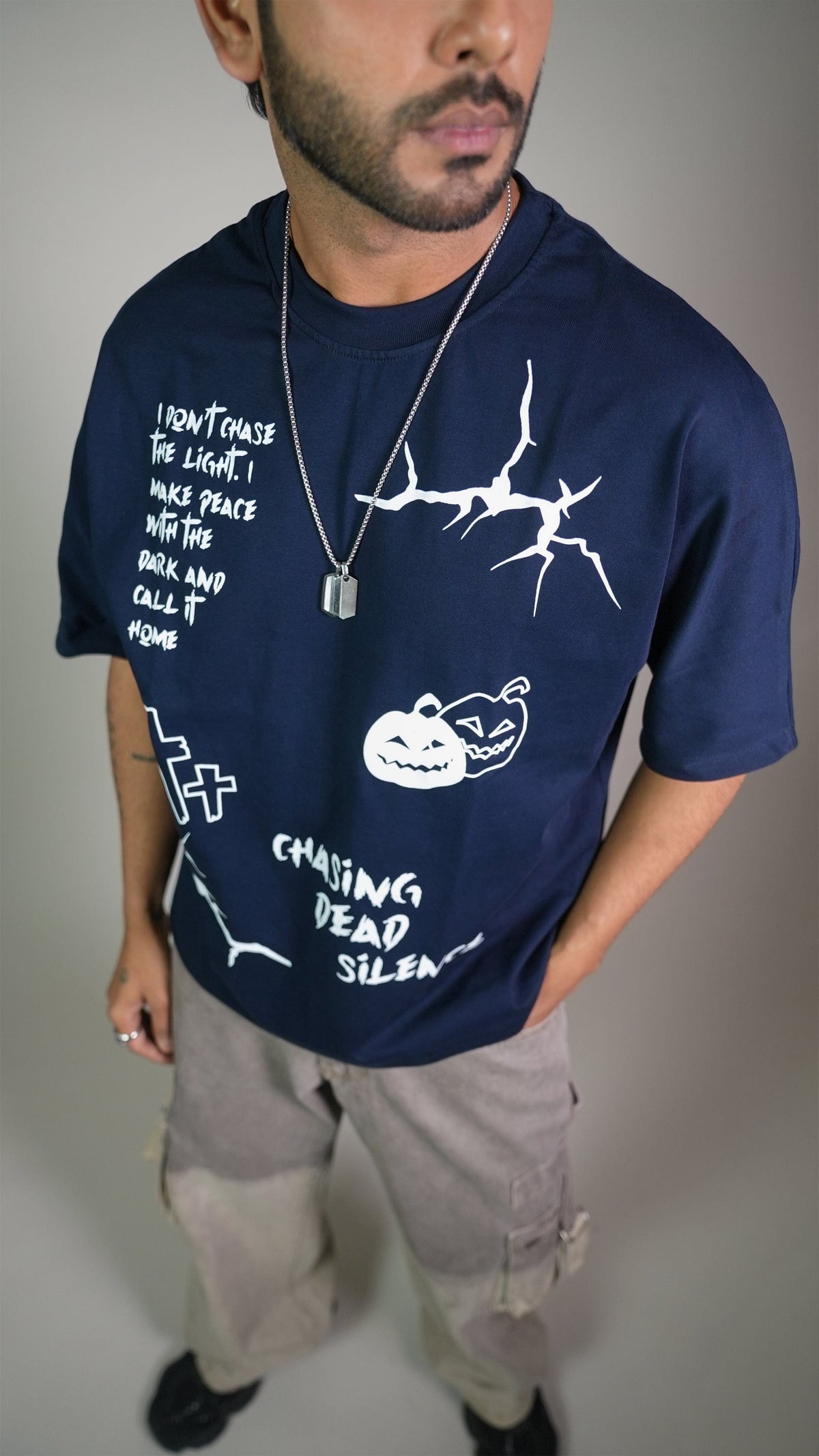 MIDNIGHT SPOOKY NAVY MEN’S OVERSIZED T-SHIRT