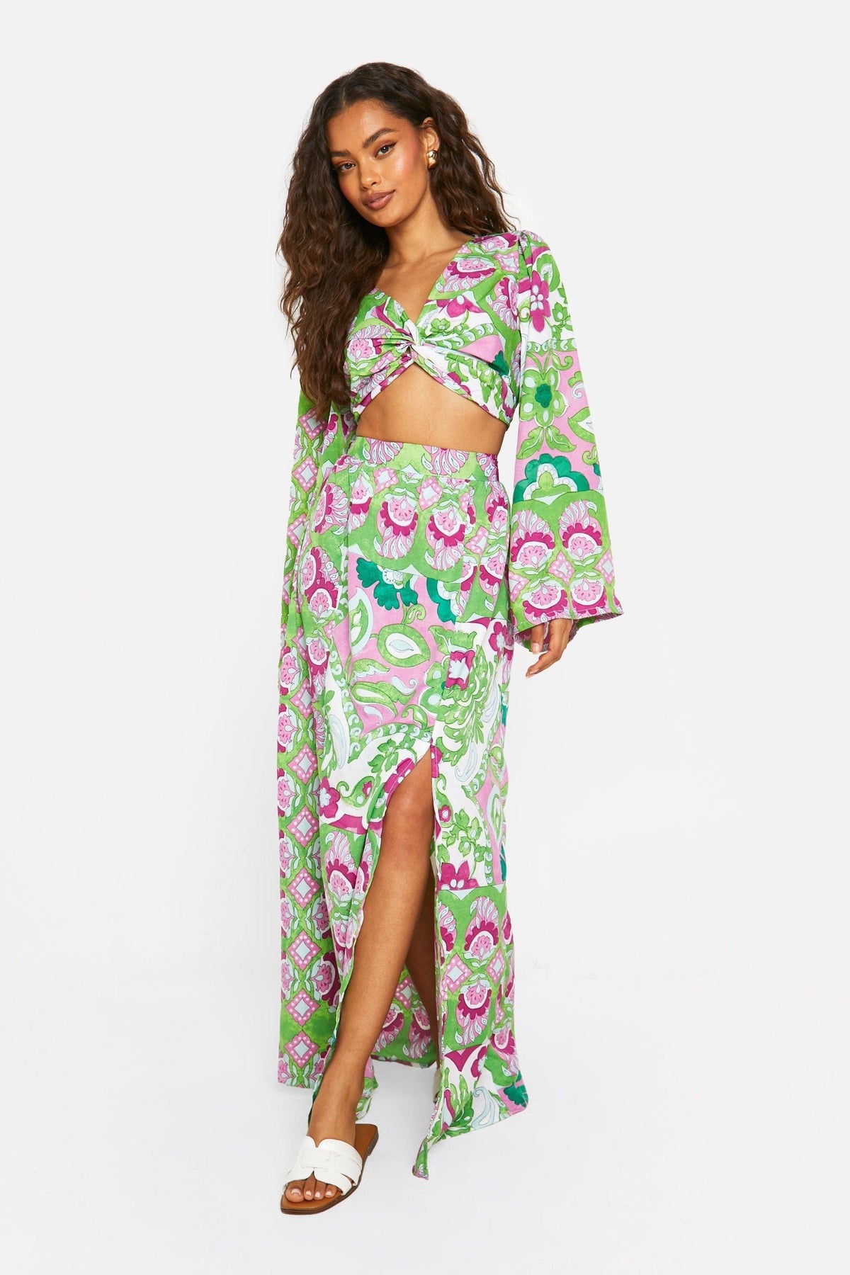 Mixed Print Split Front Maxi Skirt