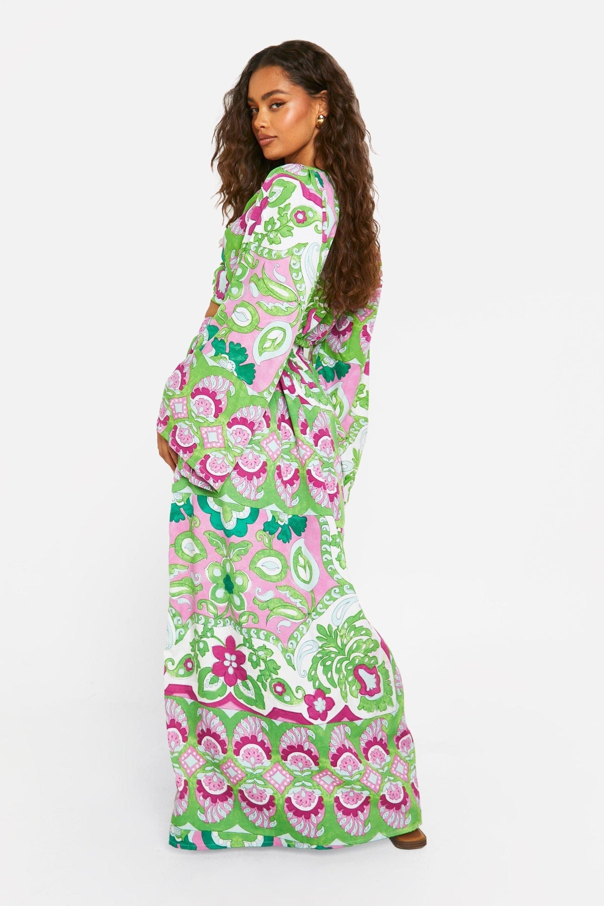 Mixed Print Split Front Maxi Skirt