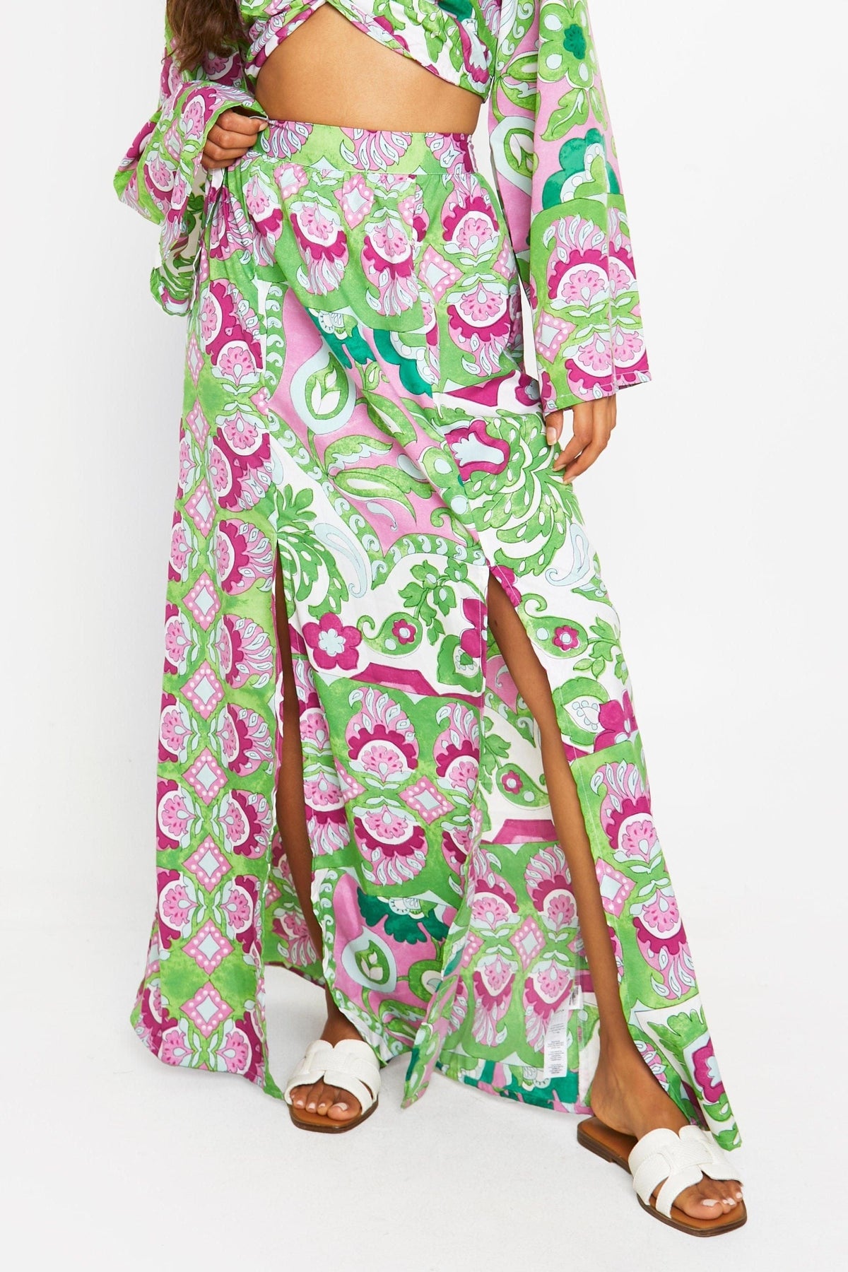 Mixed Print Split Front Maxi Skirt