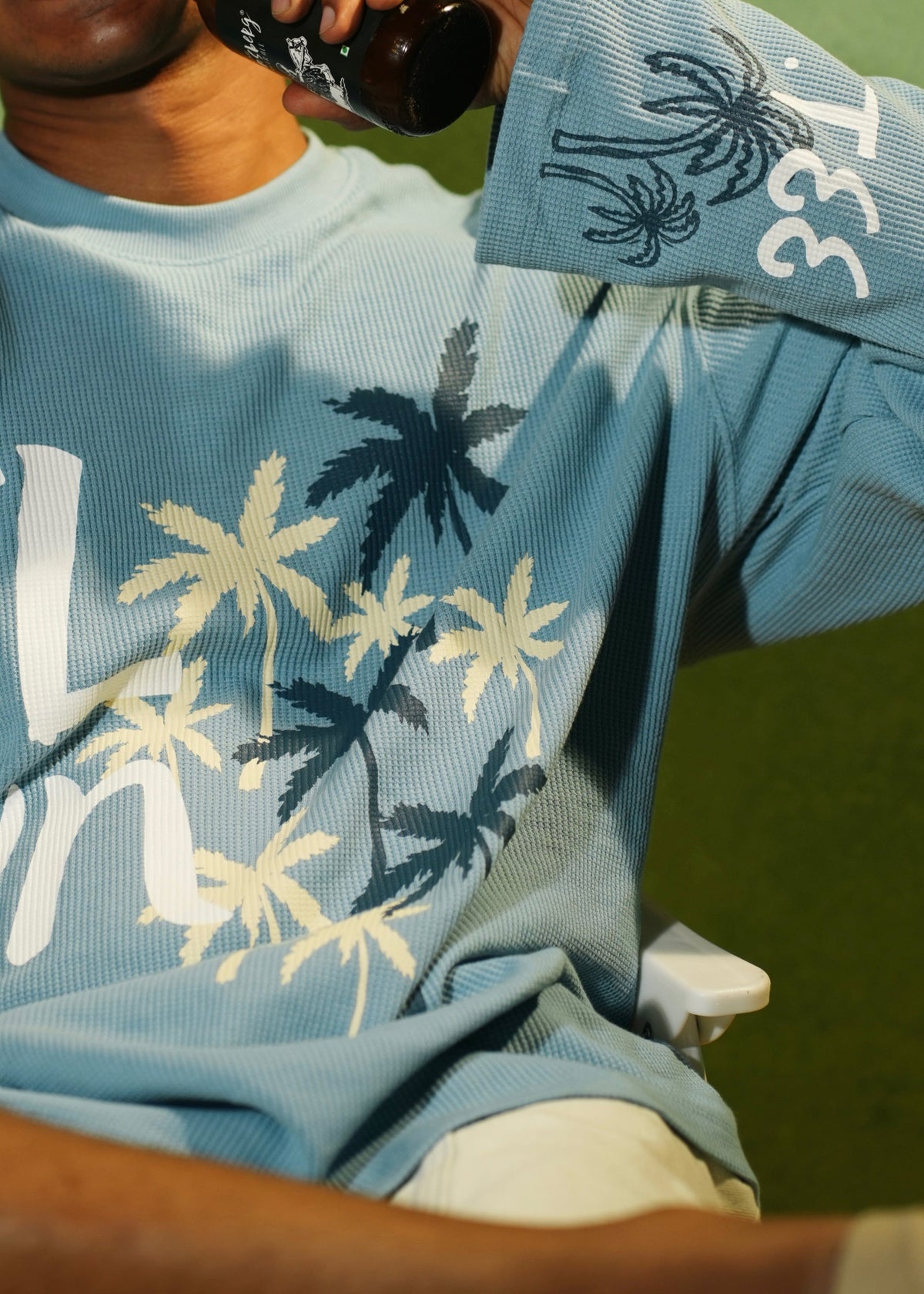 ‘PALM STATE’ FULL SLEEVE WAFFLE TEE | SKY BLUE