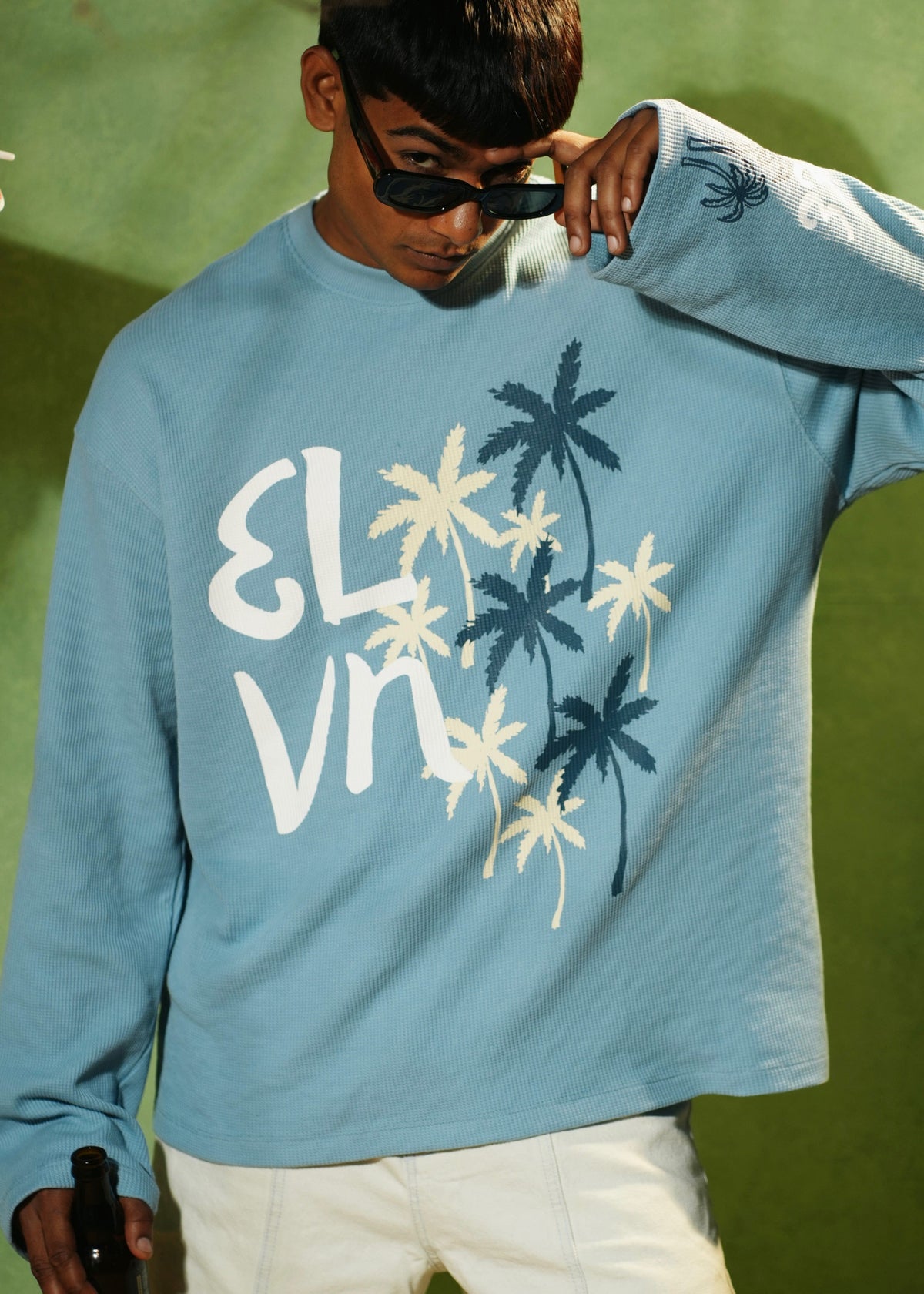 ‘PALM STATE’ FULL SLEEVE WAFFLE TEE | SKY BLUE
